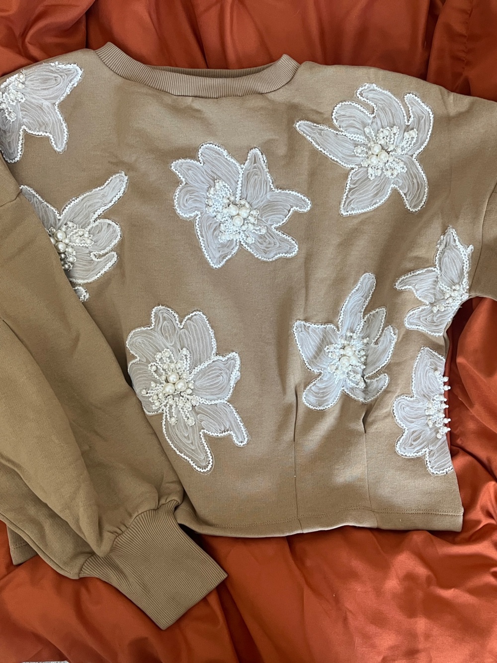 Anthropologie Tan Sweater with White Beaded Floral Appliqué